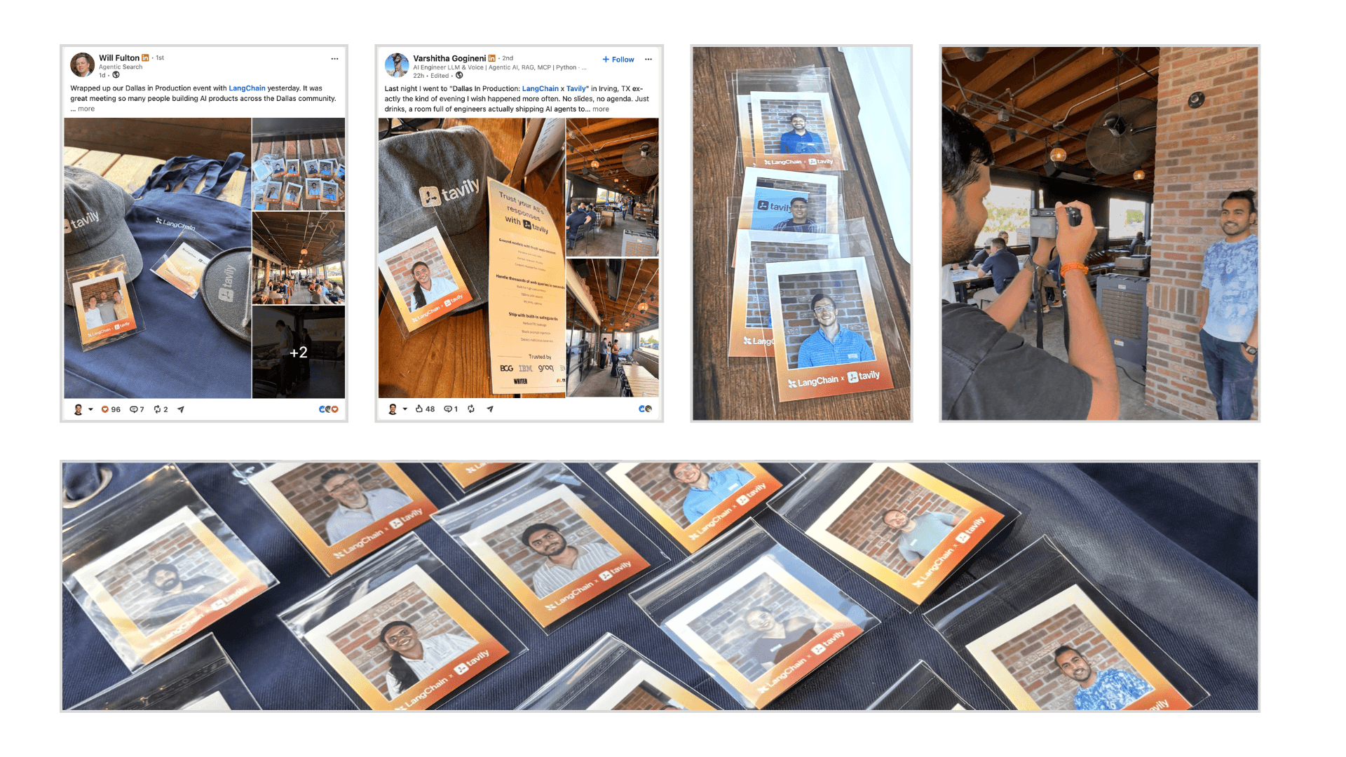 LinkedIn posts and photos from guests praising the Click & Catch keepsakes at the LangChain x Tavily event